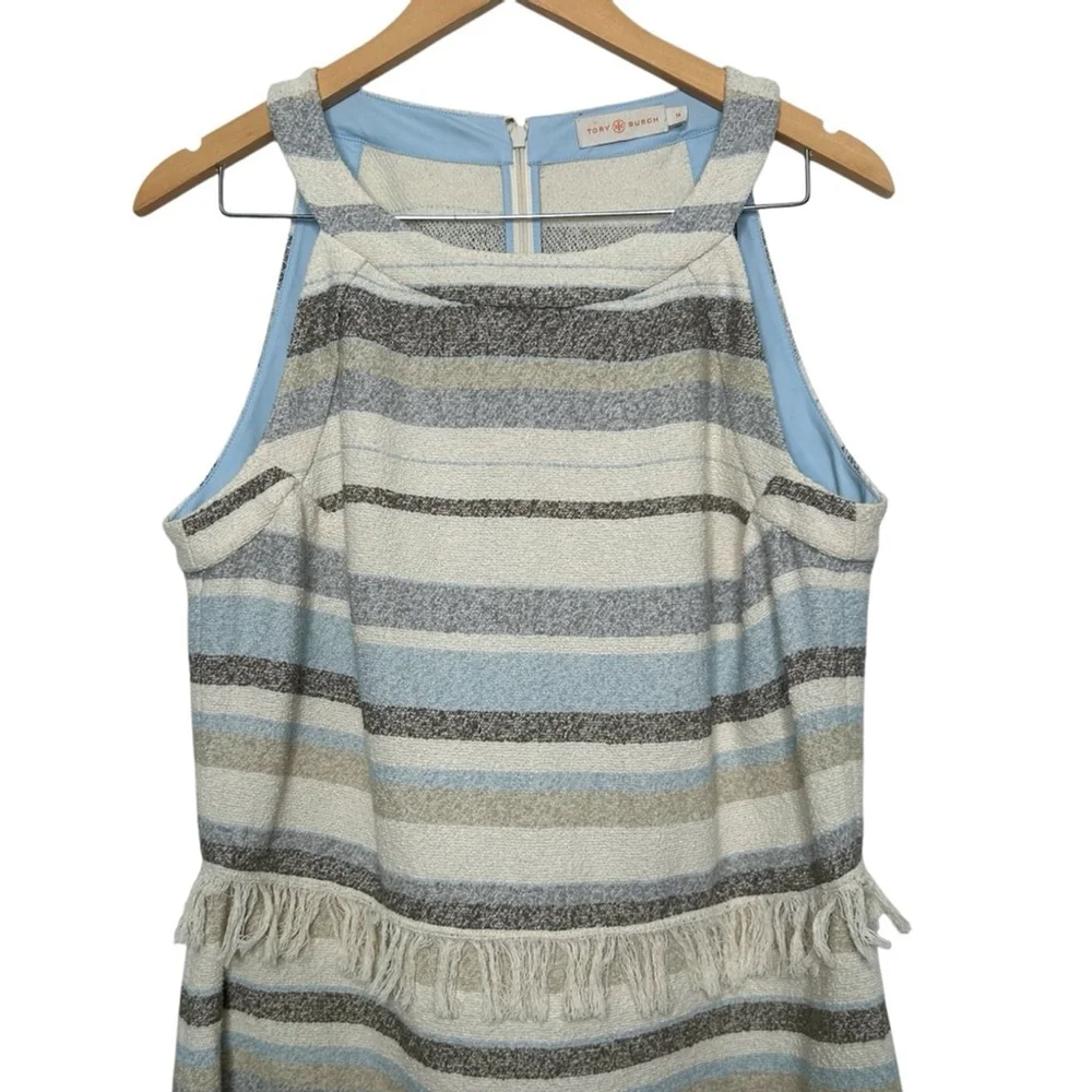 Tory Burch Jane Sheath Dress Fringe Stripe Boucle Knit Cotton Mini Dress Size 14